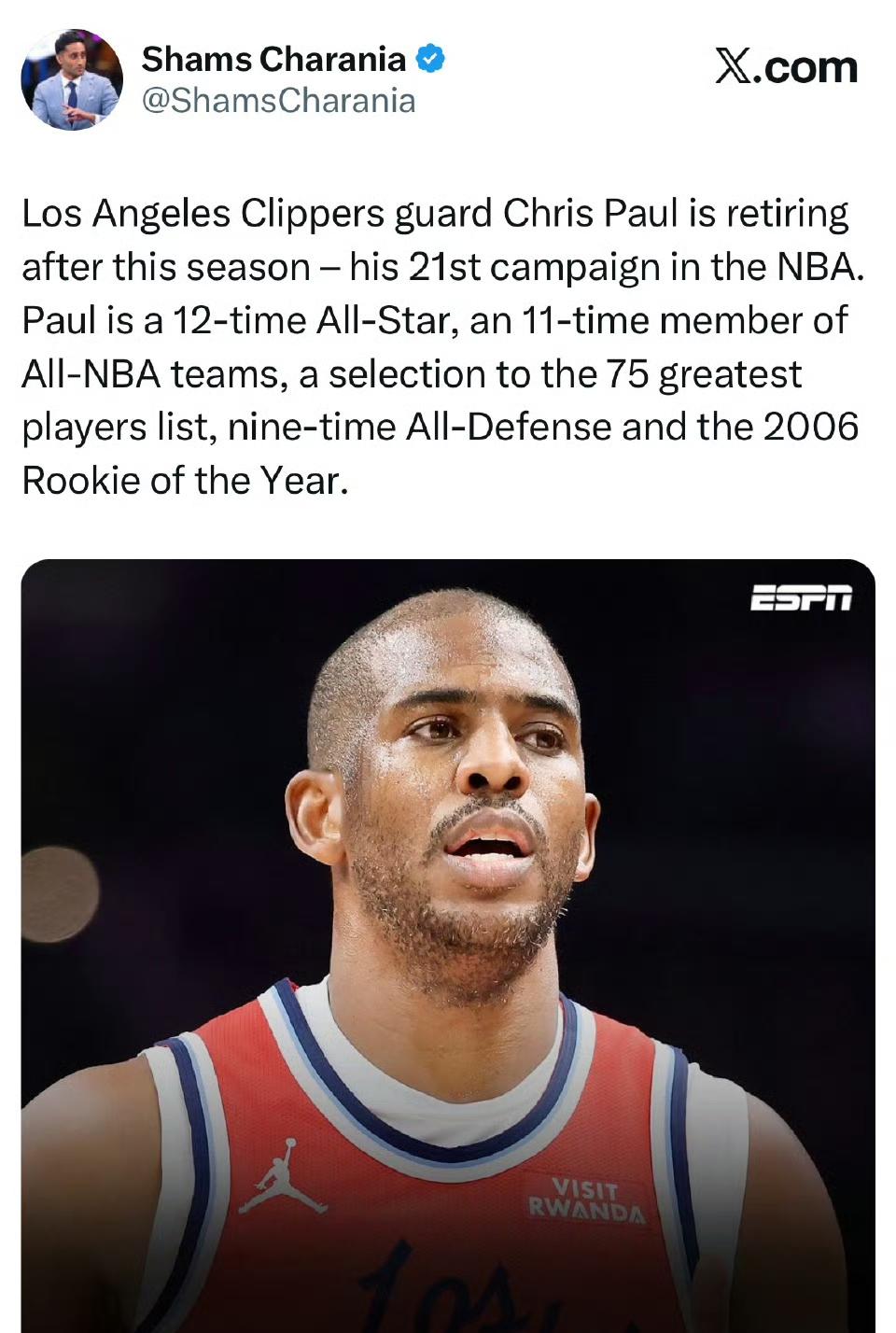 Shams：保罗将在本赛季结束后退役！！本赛季是他征战NBA的第21个赛季，