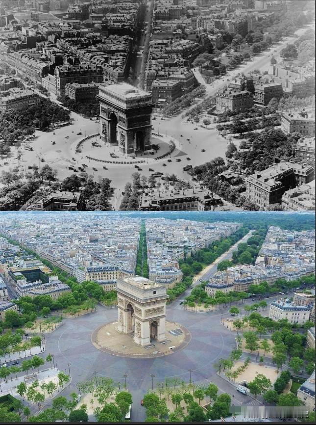 中外两个城市的今昔对比左边是法国巴黎凯旋门的今昔对比，两张照片相隔大约100