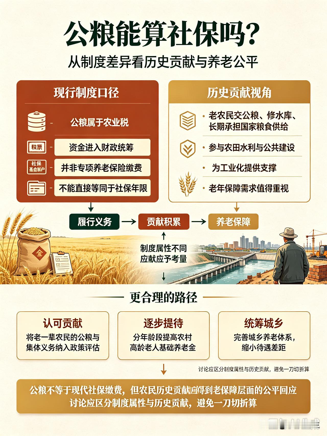 从现行制度条文来看，公粮属于农业税，资金归入国家财政整体统筹，并没有单独划入养老
