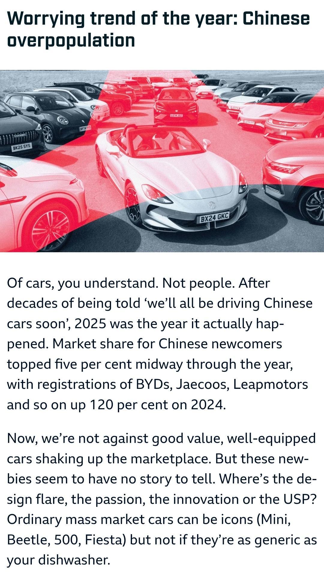 TopGear杂志给中国车评了个“年度最令人担忧的趋势”奖，说中国车太多了，以下