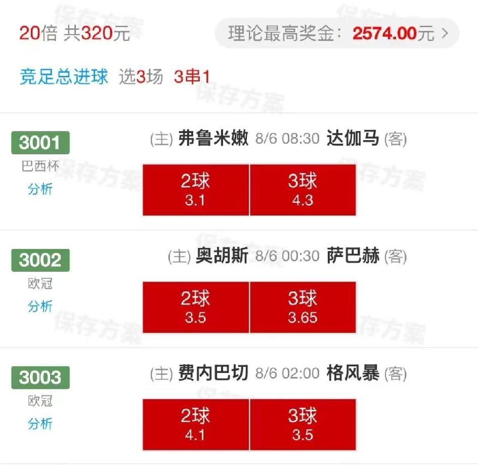今天2场欧冠资格赛+1场巴西杯的比赛，无脑的冲“2、3球”，这样中的概率大不大？