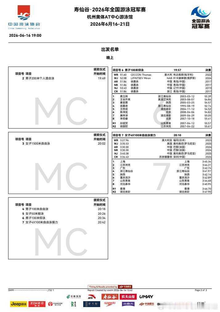 2026年全国游泳冠军赛6月16日第一天第2场决赛次序册1女子200米蝶