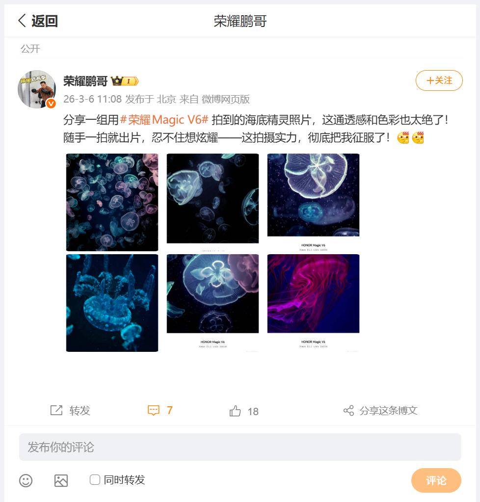 这是一组由荣耀MagicV6拍摄的海洋馆水母的照片，中国区电商部部长鹏哥分享了