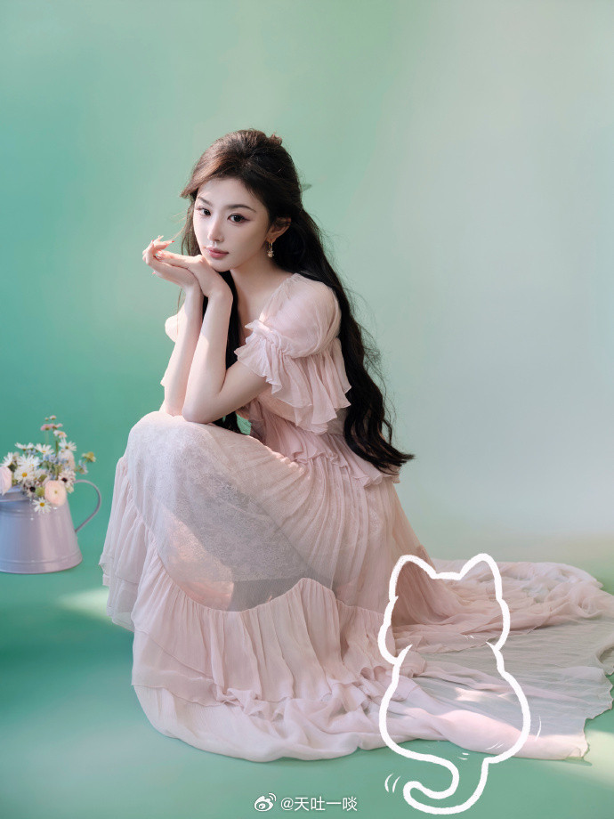 粉色层叠纱裙、眉眼清甜灵动娇俏——孔雪儿。每日明星美图分享
