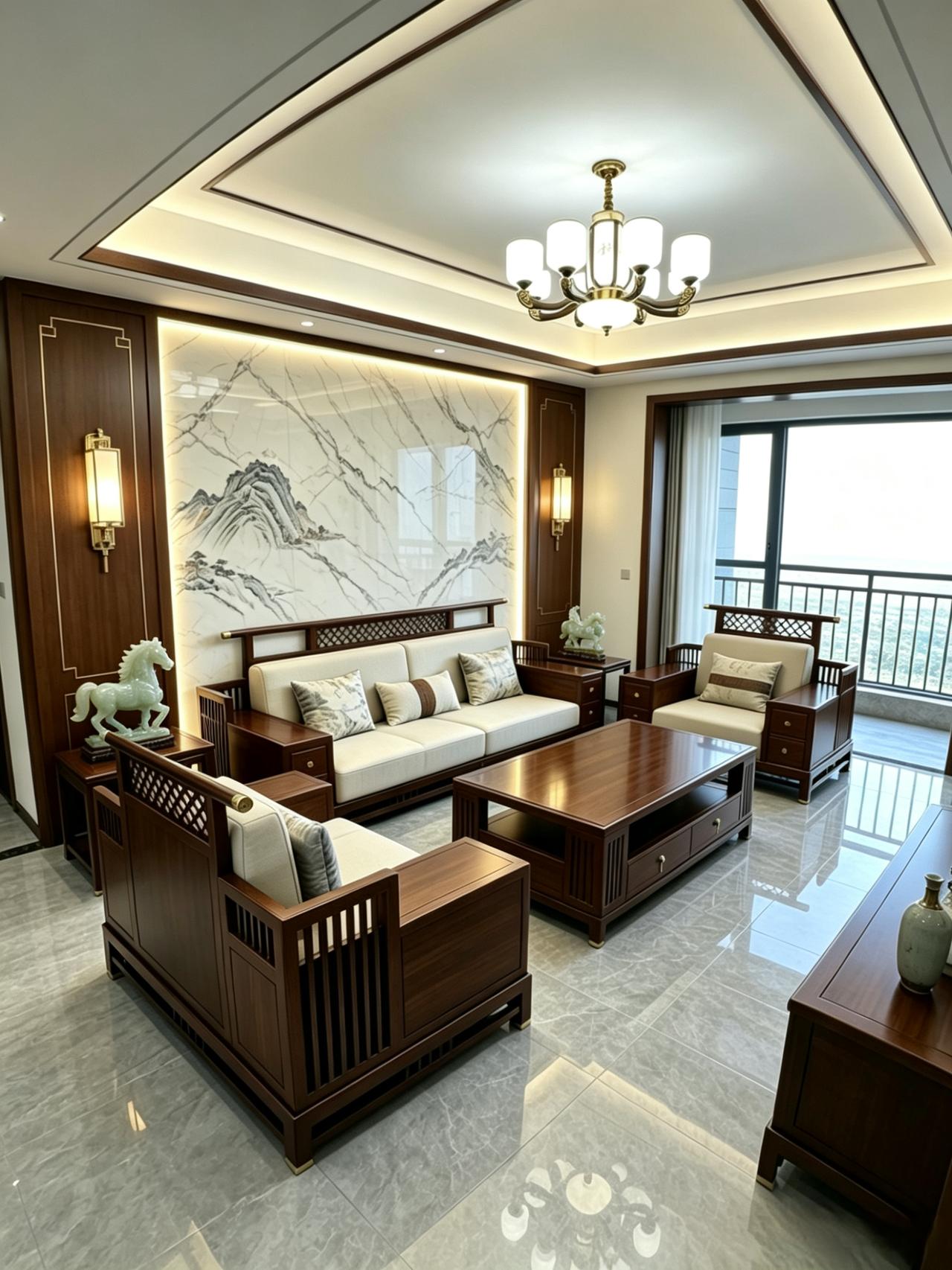 新中式的高级，是「简而不凡」。乌金木骨架撑起客厅沉稳气场，暖米色软包赋予日常松弛