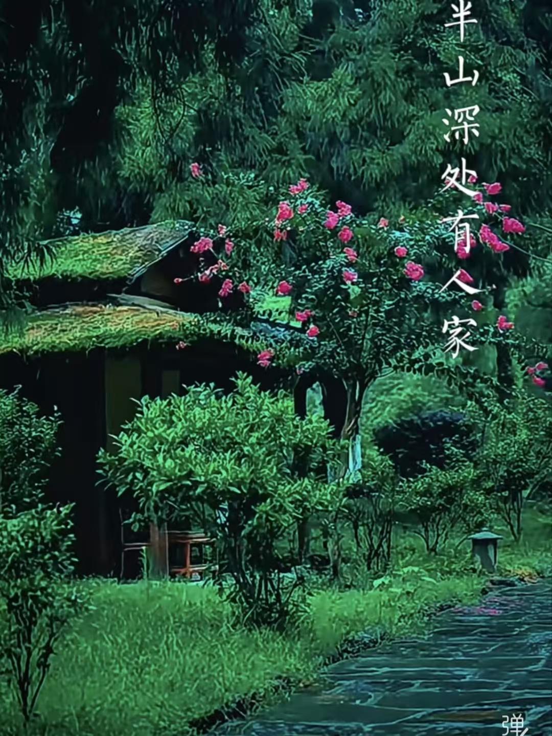 天净沙·山居半山深处人家，依山傍水烟霞，远却红尘俗杂。慢烹清茶，悠然淡