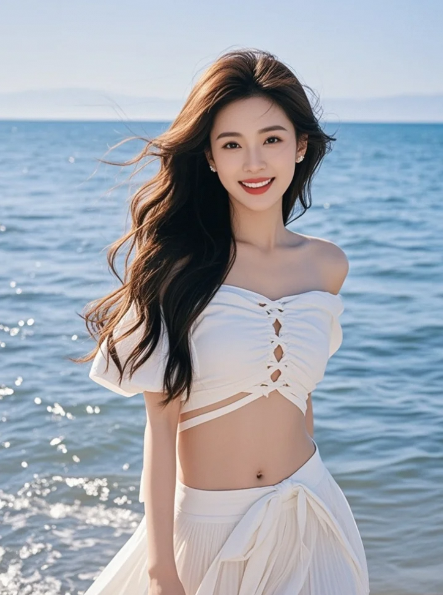 她在海边拍照，与海浪共舞