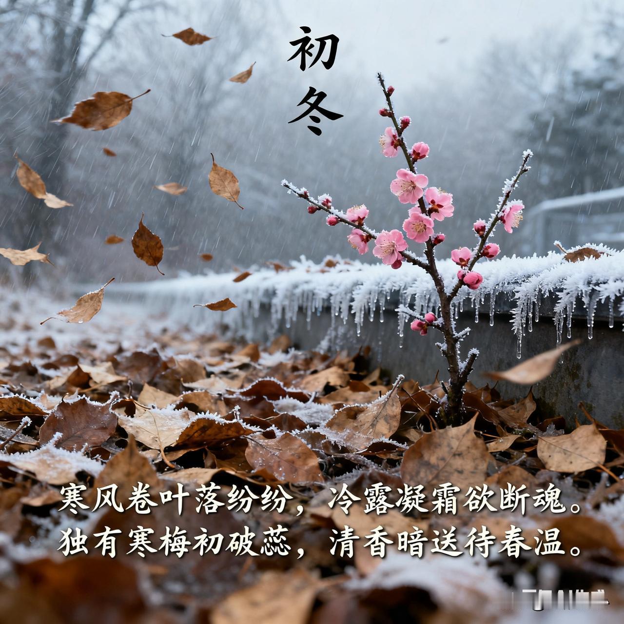 《初冬》乐韵诗心原创诗词:寒风卷叶落纷纷，冷露凝霜欲断魂。独有寒梅初破