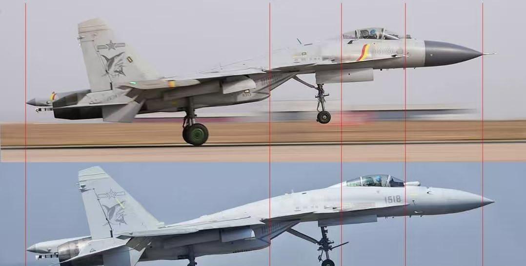 把滑跃型的J-15和弹射型的J-15T放在同一比例尺上就会发现，J-15T在细节