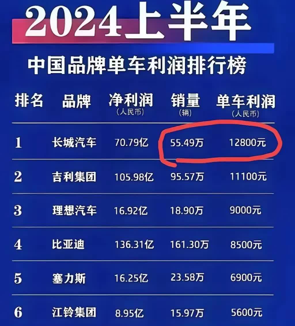长城汽车，单车利润超过1万吉利汽车，单车利润超过1万理想汽车，单车利润超