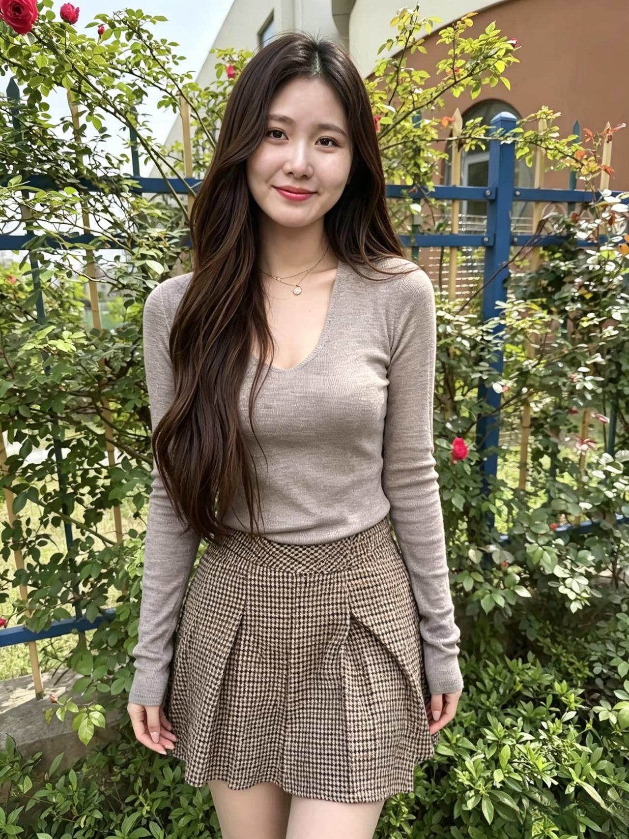 长发如云衬玉容，浅衫低领自从容。庭前花下亭亭立，一室清辉为彼浓。眉眼含春春不