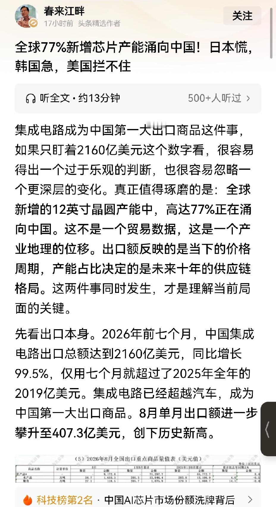 【集成电路跃居中国第一大出口产品，这背后意味着什么？中低端芯片领域中国堪称基建狂