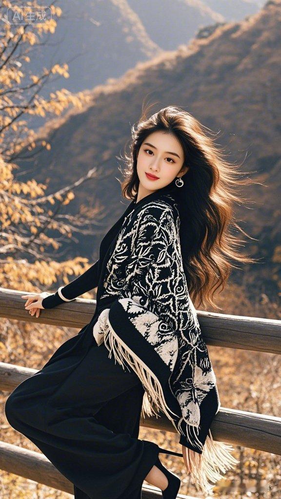 这位女士在山间风景中拍照。