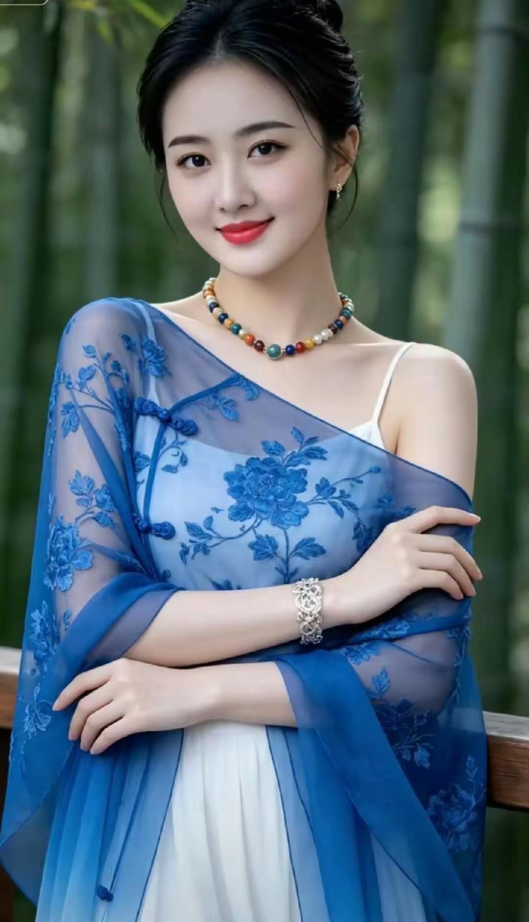 她穿着漂亮的蓝色旗袍，笑容甜美。
