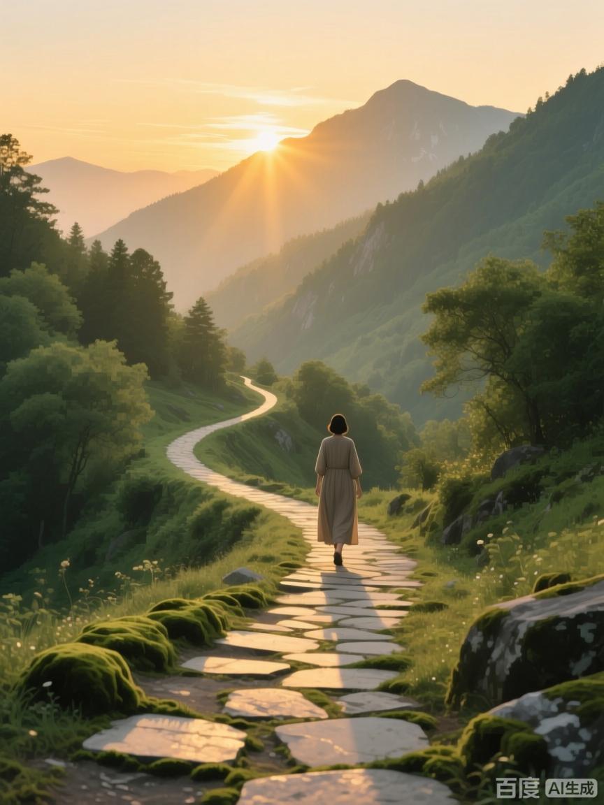 晨曦中的山间小路，独自漫步，感受大自然的宁静与美好。脚下的小路蜿蜒曲折，两旁的草