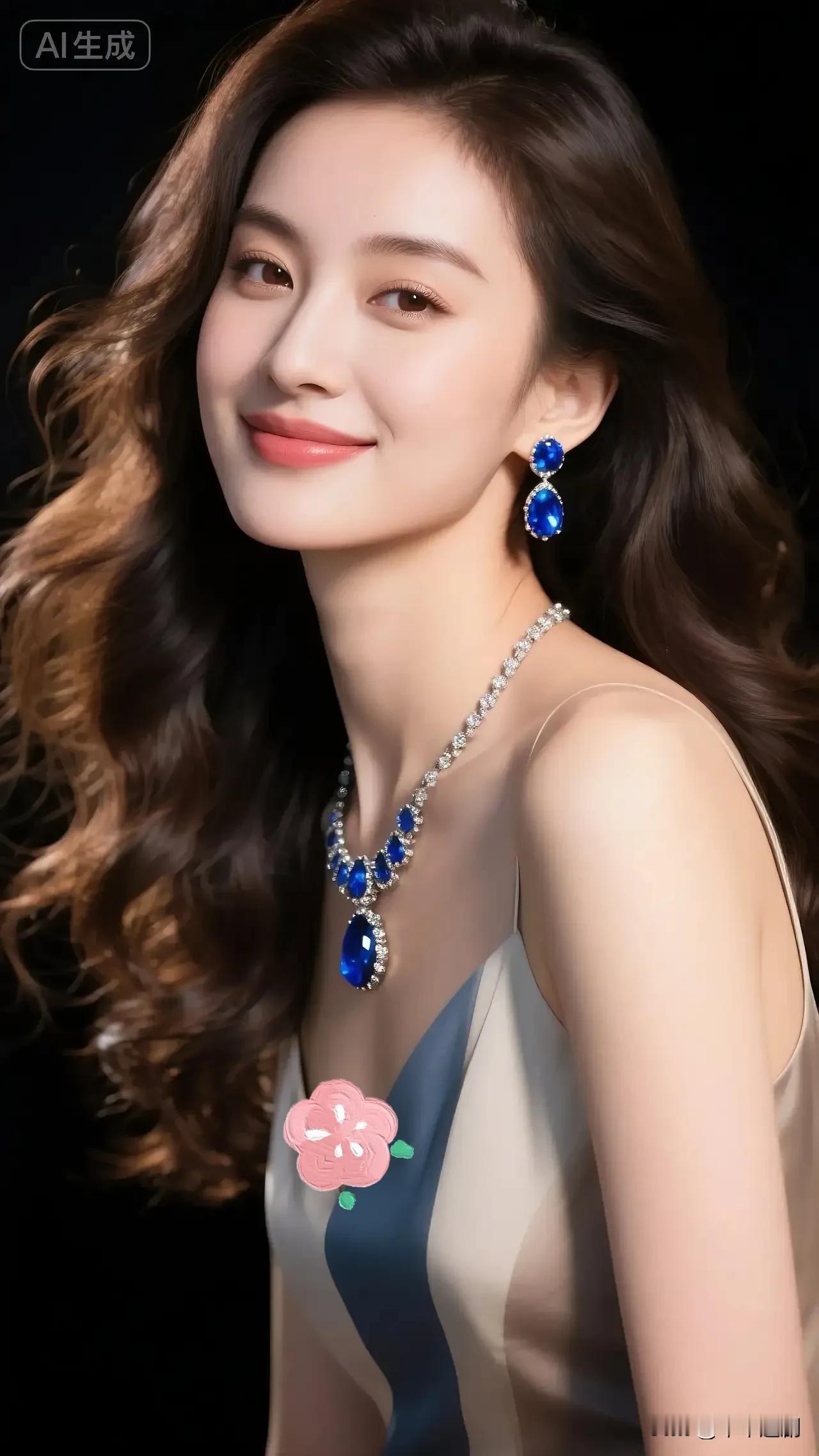 缎面裙裹着柔润肩线，颈间耳侧的蓝宝石随笑意轻闪，是暗夜里揉开的明艳。高级感缎面