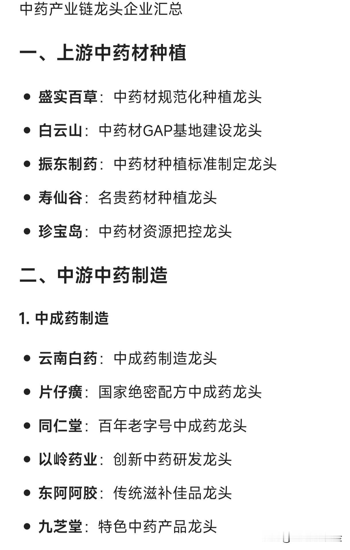 中药产业链龙头企业汇总一、上游中药材种植盛实百草：中药材规范化种植龙头