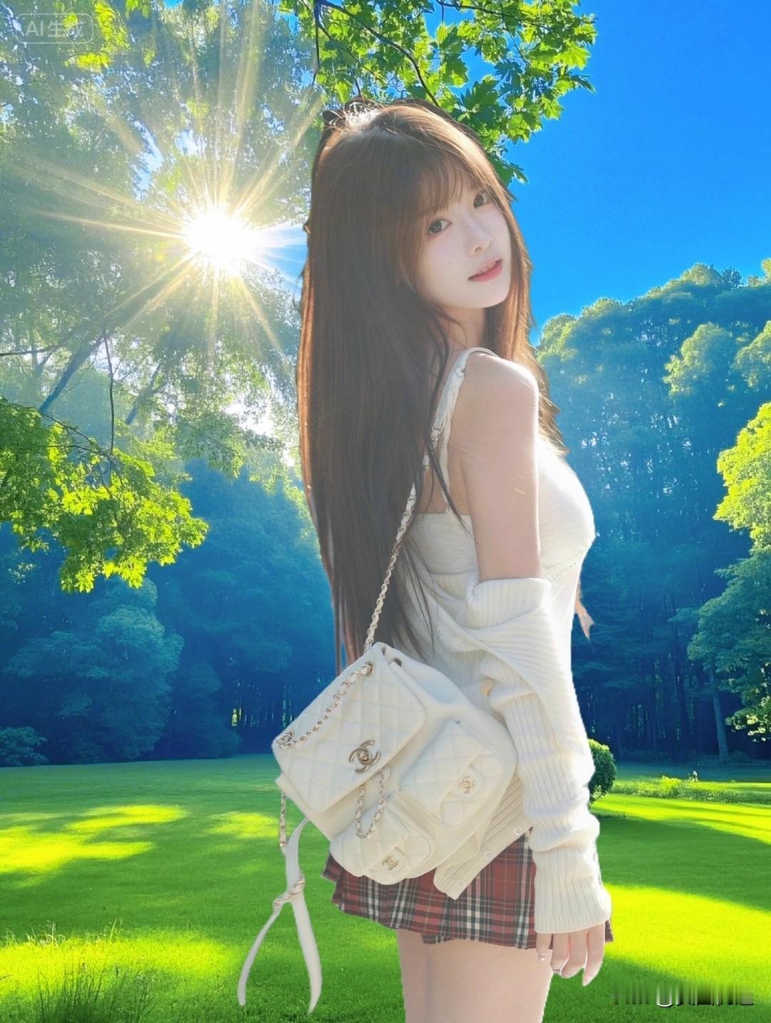 阳光洒落，少女漫步在绿意盎然的公园里，清新自然。