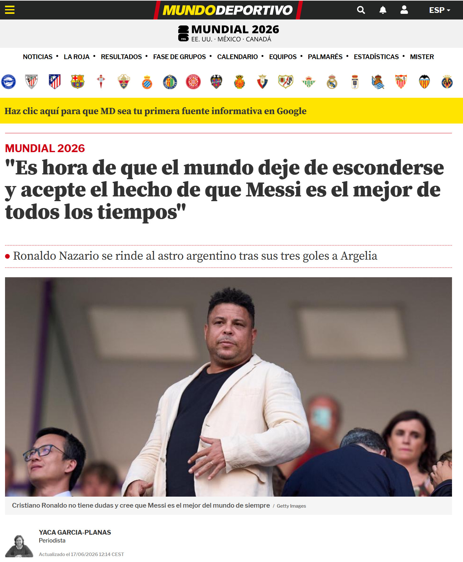 罗纳尔多：是时候让世界不再逃避，接受梅西是史上最佳球员的事实了据《世界体育报》报