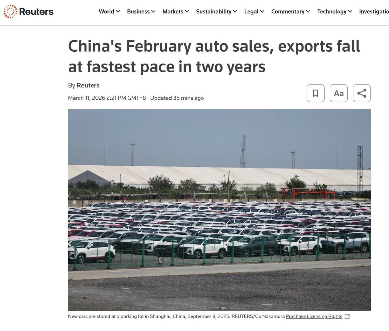 路透社:中国汽车销售2月份暴跌15.4%，国内销量暴跌34.2%。这个暴跌的数