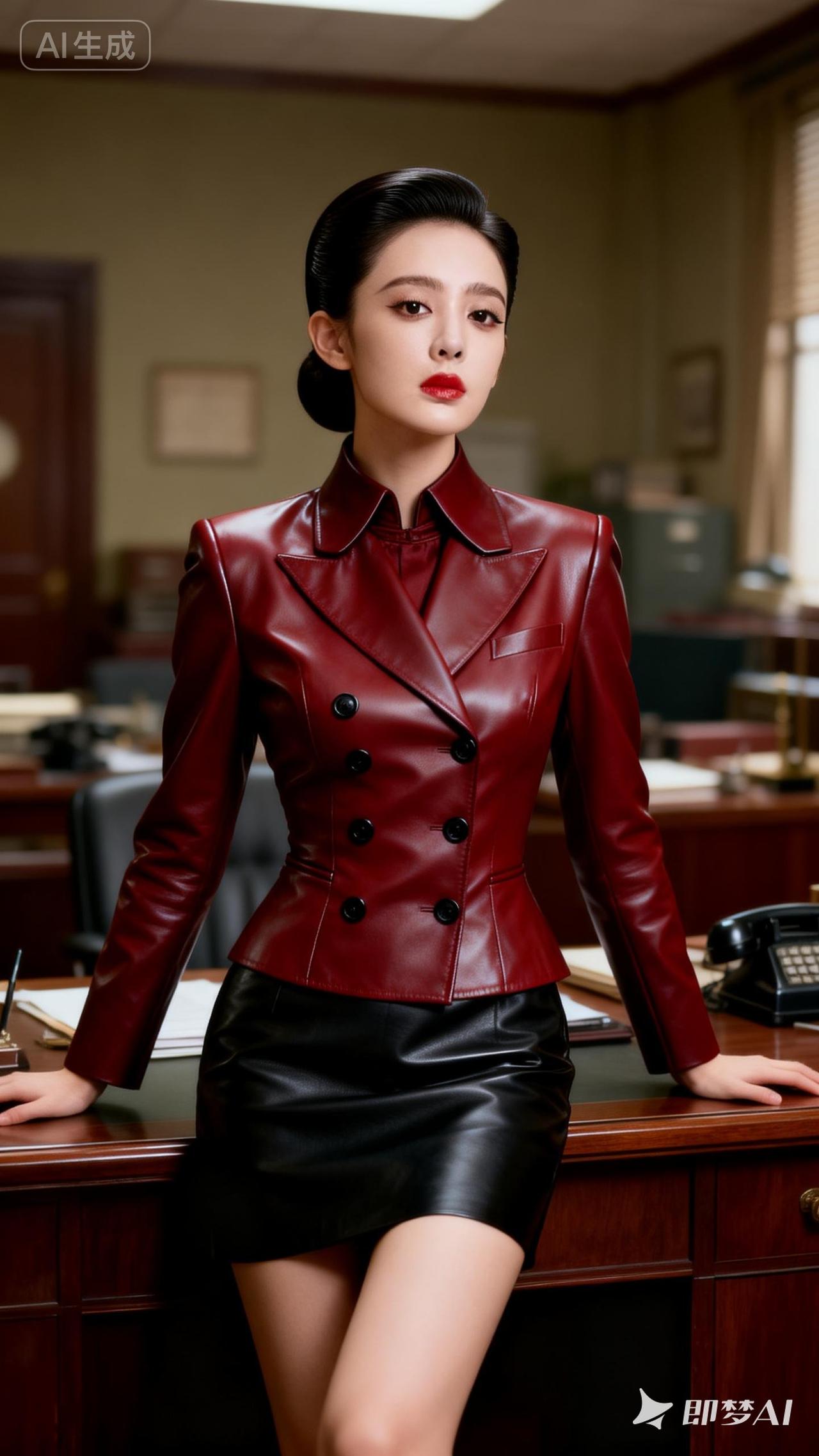 红皮夹克搭配黑色短裙，气场全开！