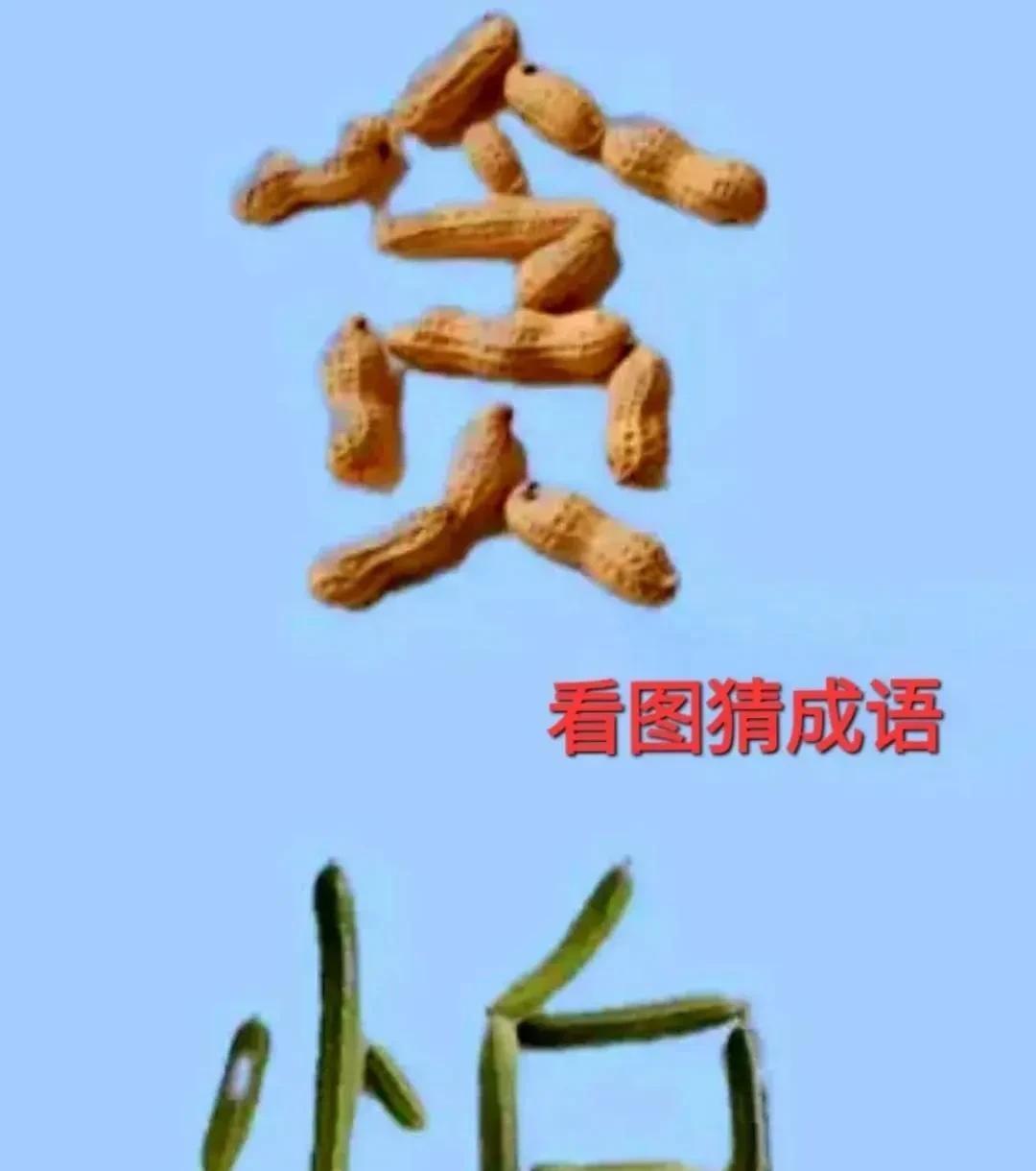 看图猜成语一个“贪”字由花生组成，一个“怕”字由丝瓜组成。你猜到了吗？