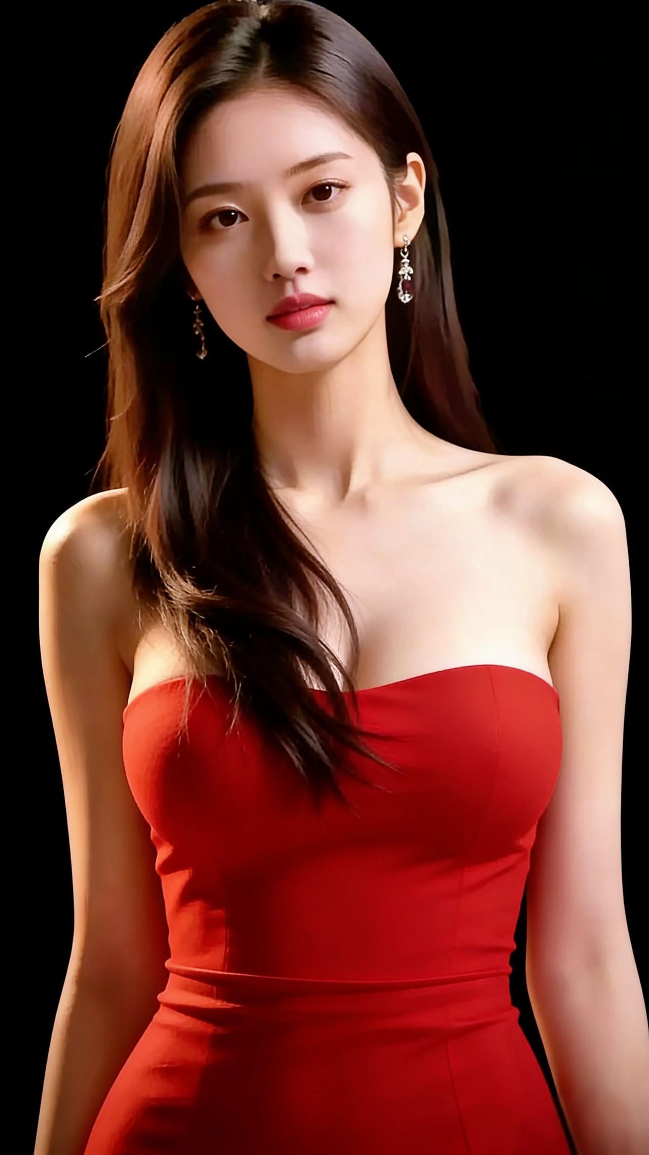 红裙绽于墨色间墨色背景如浓墨铺就的宣纸，一袭正红抹胸裙在其间凝成最亮眼的笔