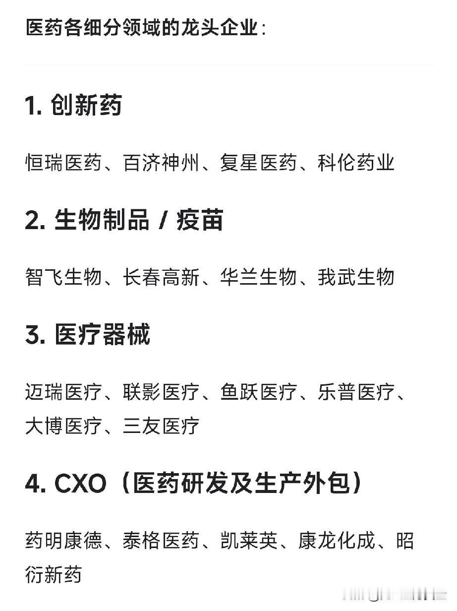 医药各细分领域的龙头企：1.创新药恒瑞医药、百济神州、复星医药、科伦