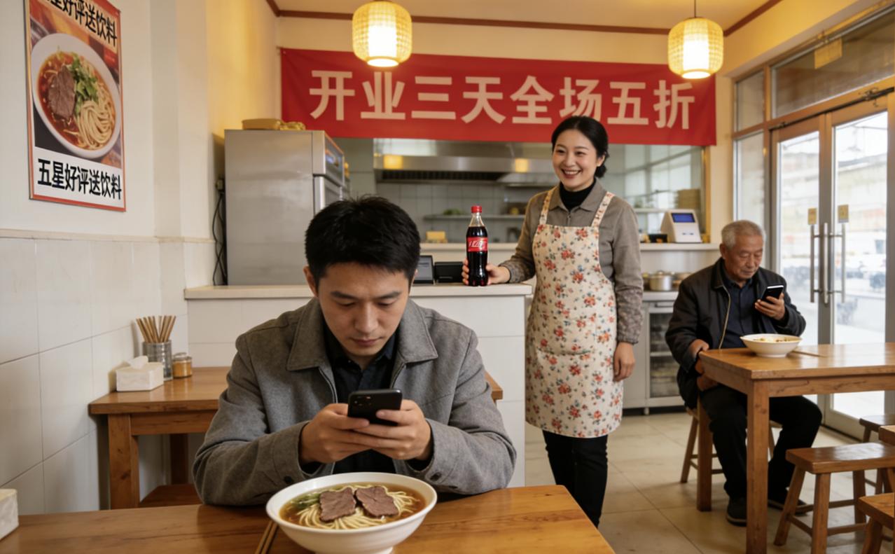 楼下新开了一家面馆，开业三天全场五折。我进去点了一碗牛肉面，味道一般，牛肉只有