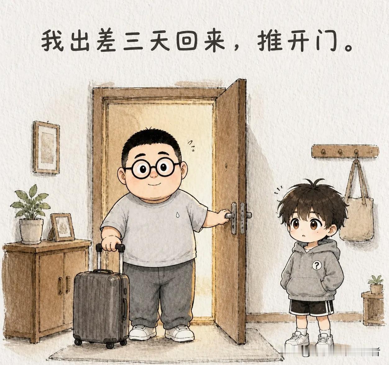 趣味漫画：我出差三天回来，推开门。老婆正在沙发上看剧，头也没抬。我说：“我回来了