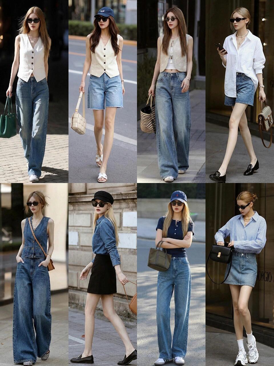 春夏最爱还是牛仔，怎么都穿不厌！阔腿牛仔裤是显瘦神器，搭配白背心、针织衫或衬衫