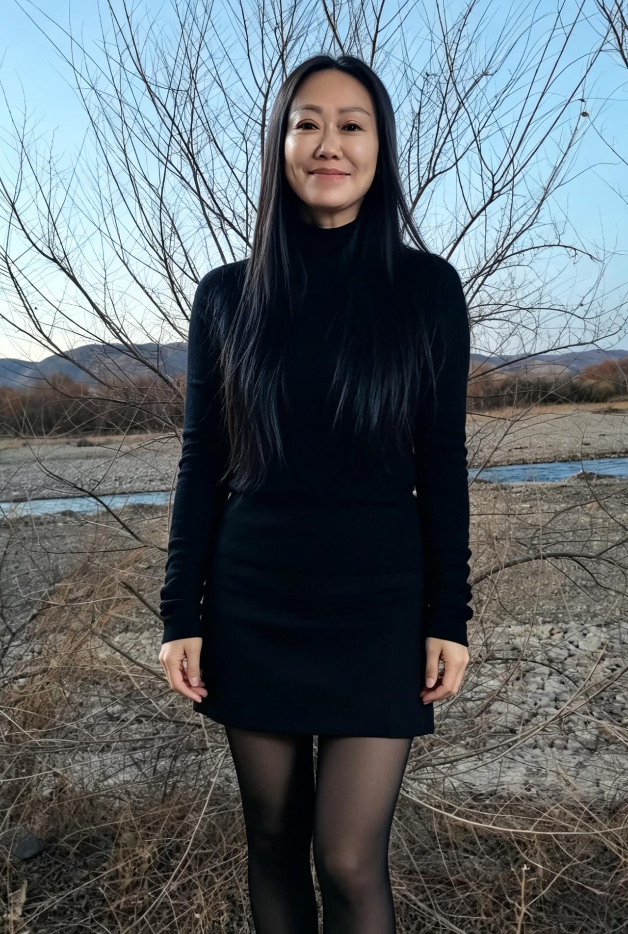 长堤向晚起烟岚，疏树寒山入画蓝。素影玄衫凝静气，一怀清旷对天南。