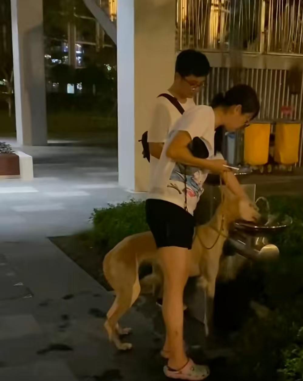 7月14日，广东深圳。一对年轻男女带着宠物狗，直接将狗狗按压在路边的公共饮水水盆