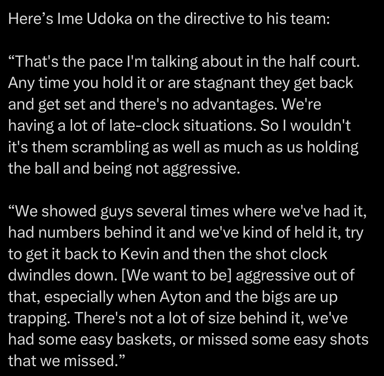 火箭主教练乌杜卡今天谈备战G3：“这就是我在半场进攻中所说的节奏。一旦你持球停留