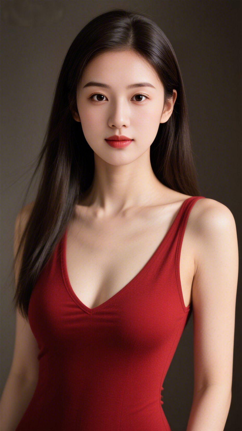 红衫映眸蕴雅致深棕的背景似揉了焦糖的柔雾，将红色衣装的明艳衬得恰到好处。那