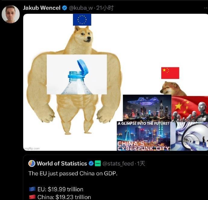 万万没想到啊，欧洲自己竟然开始整个欧洲和中国一个国家对比了。欧洲人最近有点掉面