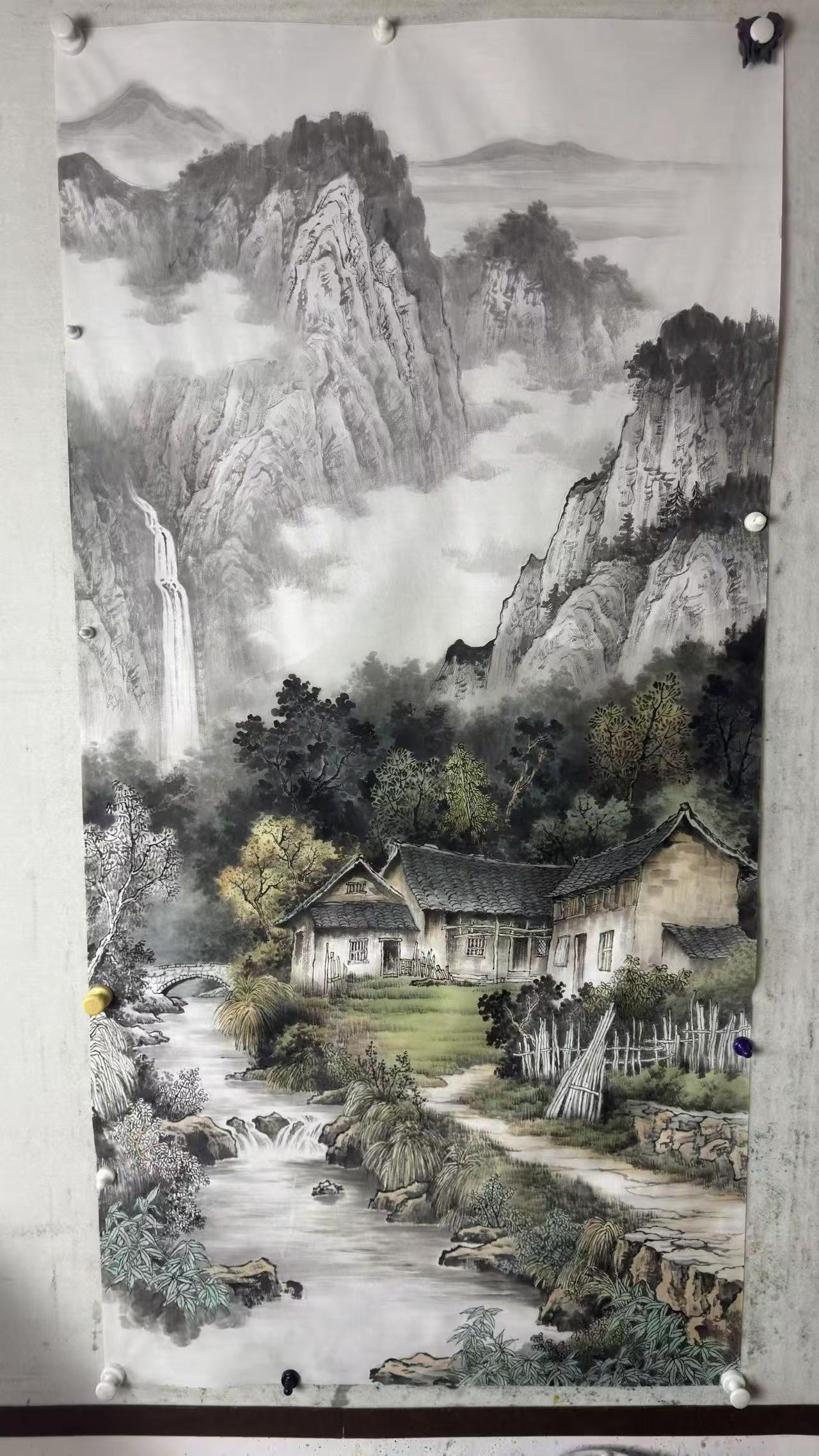 【溪畔人家】。写意山水创作者中心创作灵感意境山水画画山水