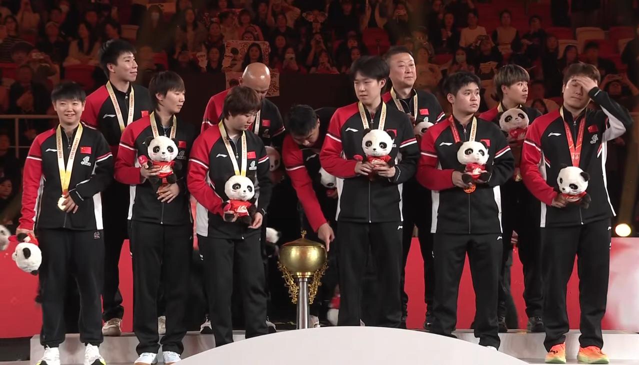 孙颖莎太可爱了，大概知道今天又要举杯，所以早早的跑到最边上，和鳗鱼站在一起。