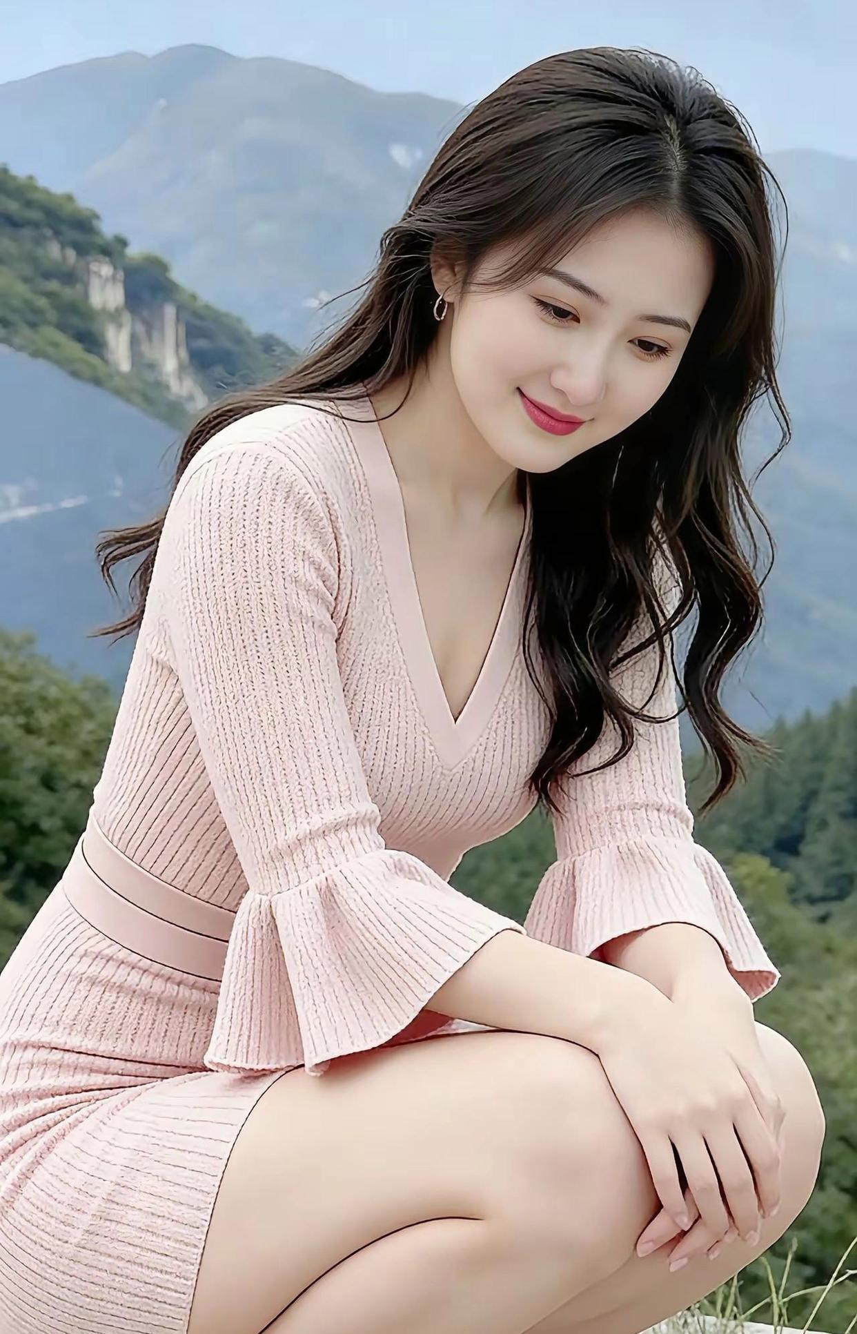 这件浅粉色连体针织裙搭配这位小姐姐精致的五官，简直就是妙不可言！气质出众，长相甜