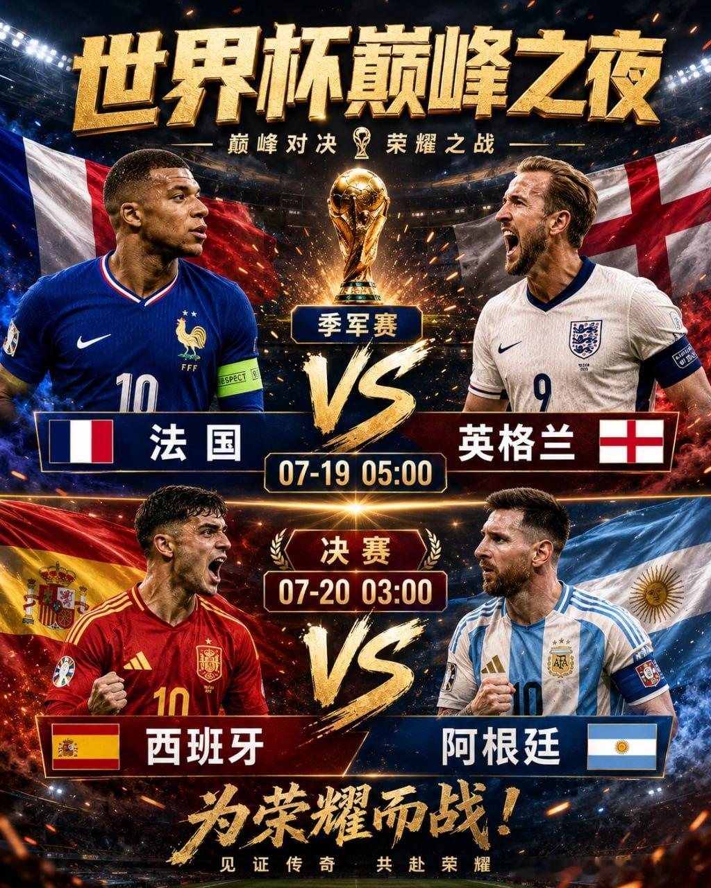 世界杯迎来最后两场巅峰对决。季军赛07-1905:00法国VS英格兰两支欧