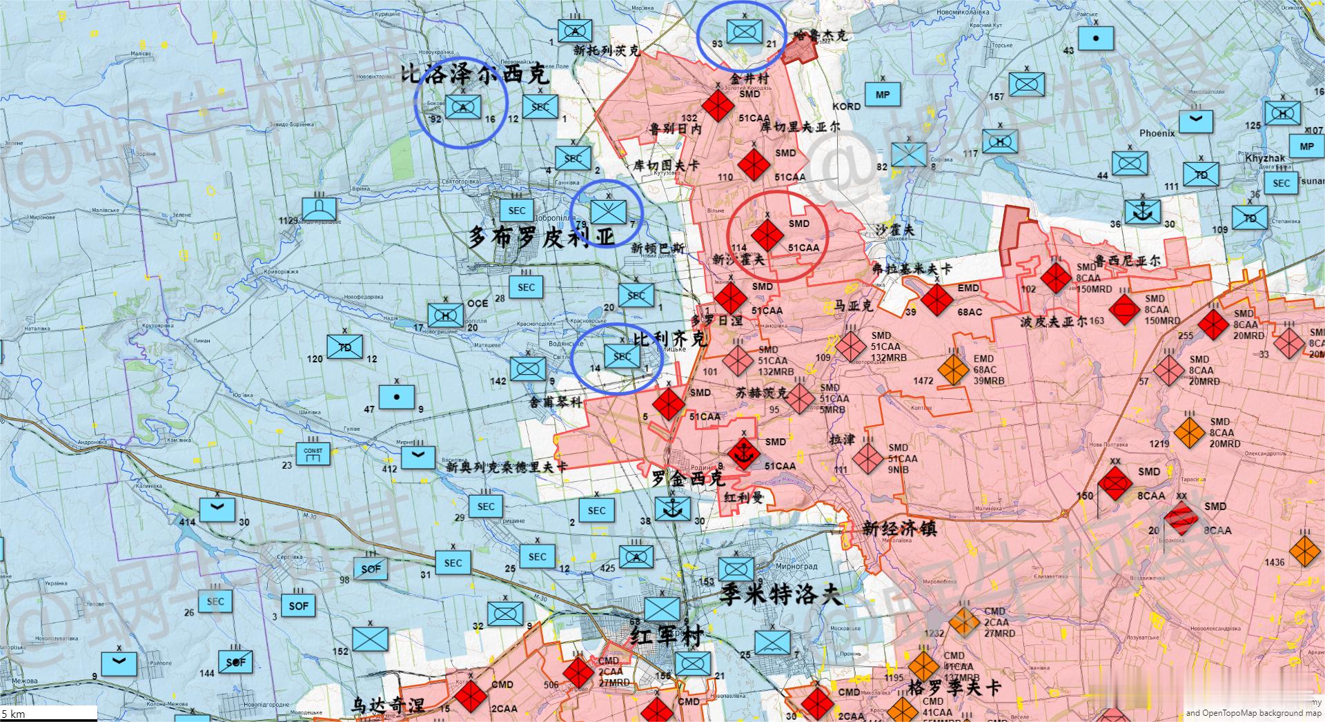 更新一下红军村的双方部署。俄军51集的位置基本都可以确认了，114旅已经来到了新