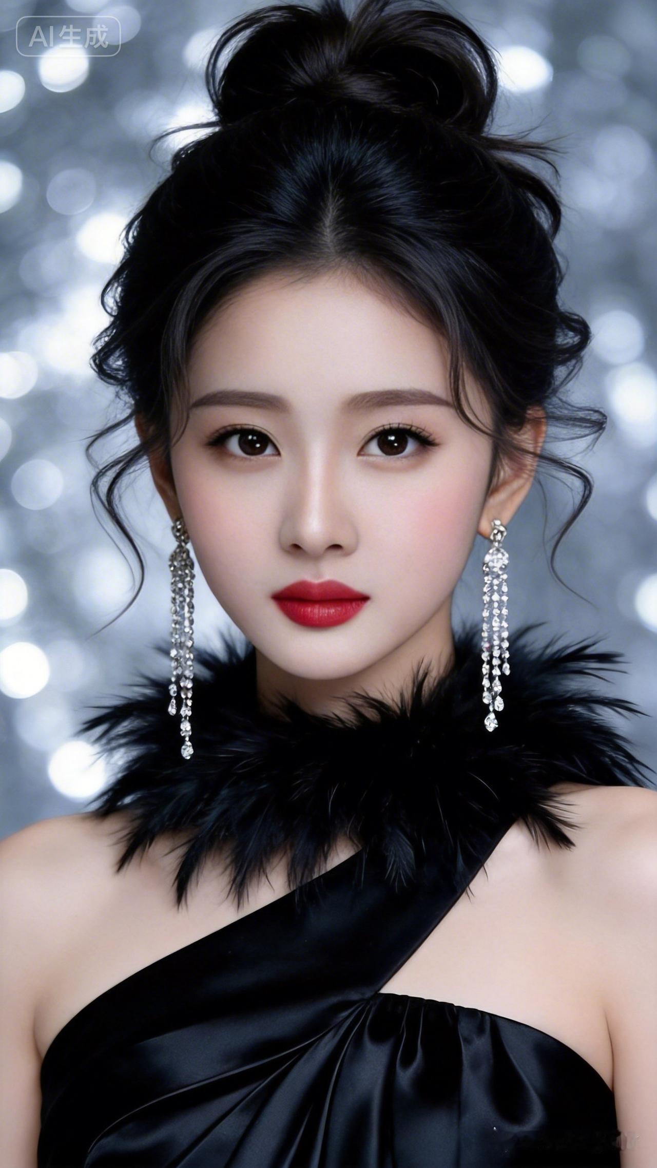 银灰朦胧光斑背景，蓬松高髻搭配慵懒碎发。柔粉腮红衬冷白肌肤，正红哑光唇精致明艳，