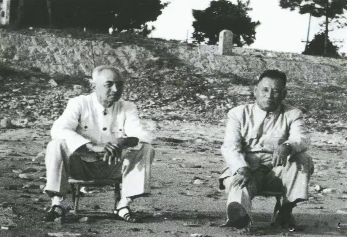 1952年，何长工与李四光在为北京地质学院选址期间休息的一幕。当时，地质学院由北