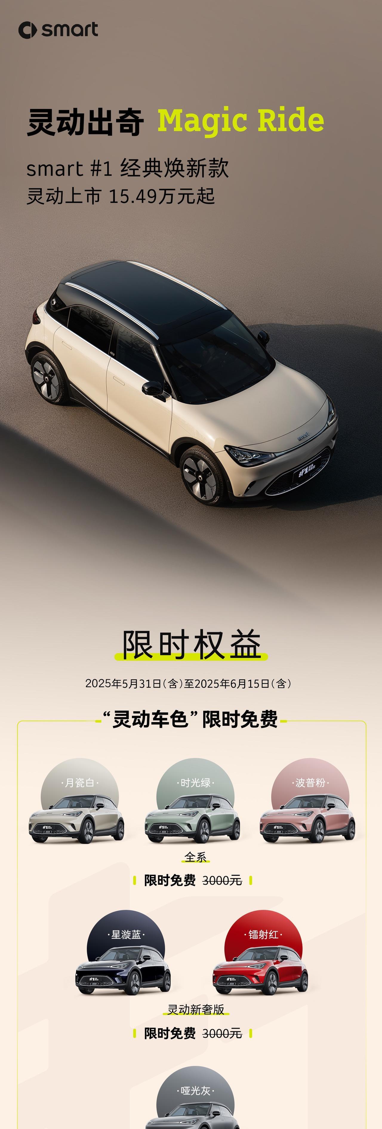 在粤港澳大湾区车展上，smart精灵1号焕新改款上市3款车型，售价15.49-1