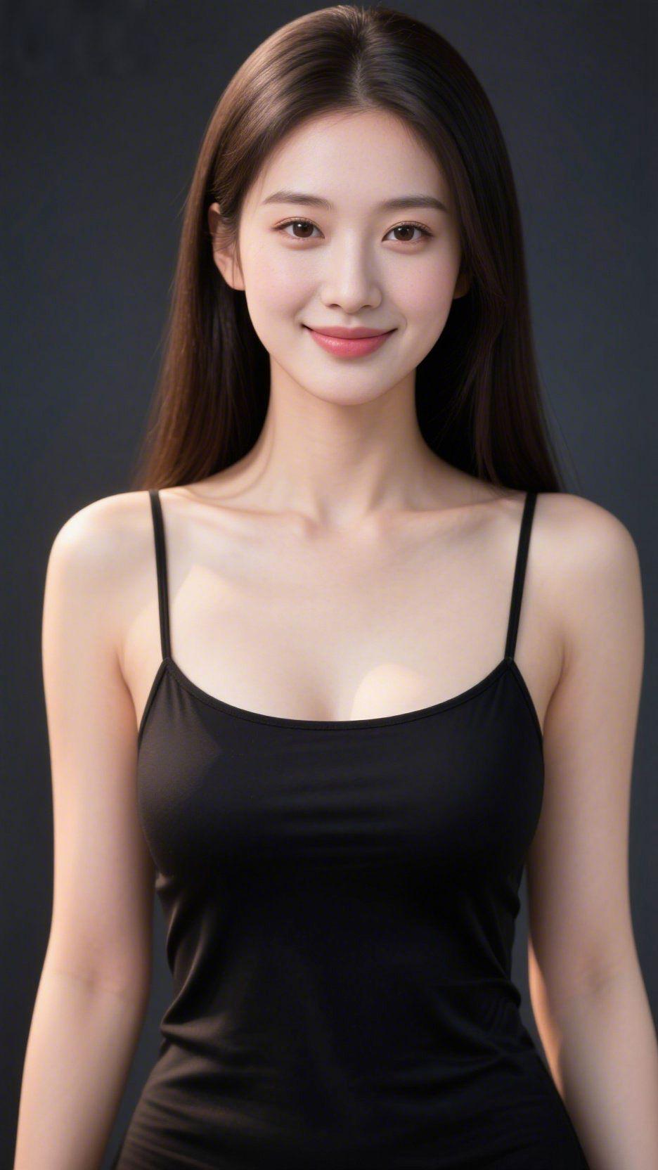 《柔光里的舒展笑意》深调背景如温软的绒幕，一束柔光轻落下来，漫过发梢与肩颈