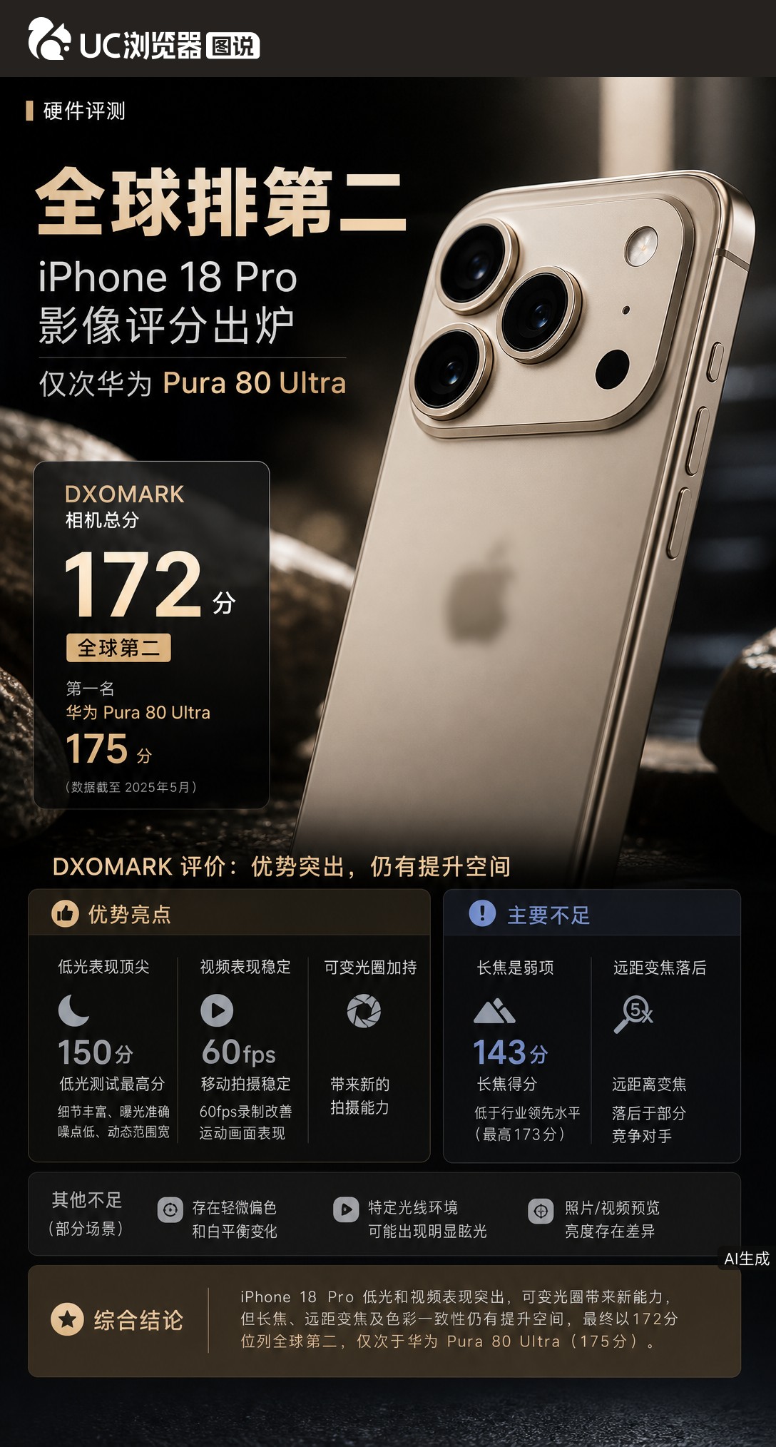 iPhone18Pro影像评分172全球第二，低光拿下榜单最高分，但长焦仅143被甩开30分。离华为