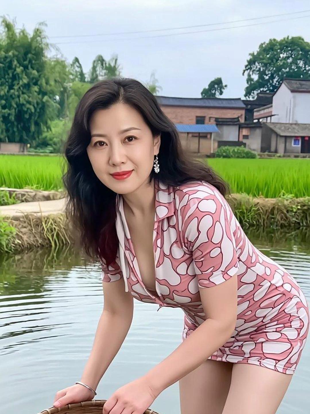 姐姐在乡间水边，美得像幅生动的画！粉色印花连衣裙衬得身段曼妙，V领设计透着优雅性