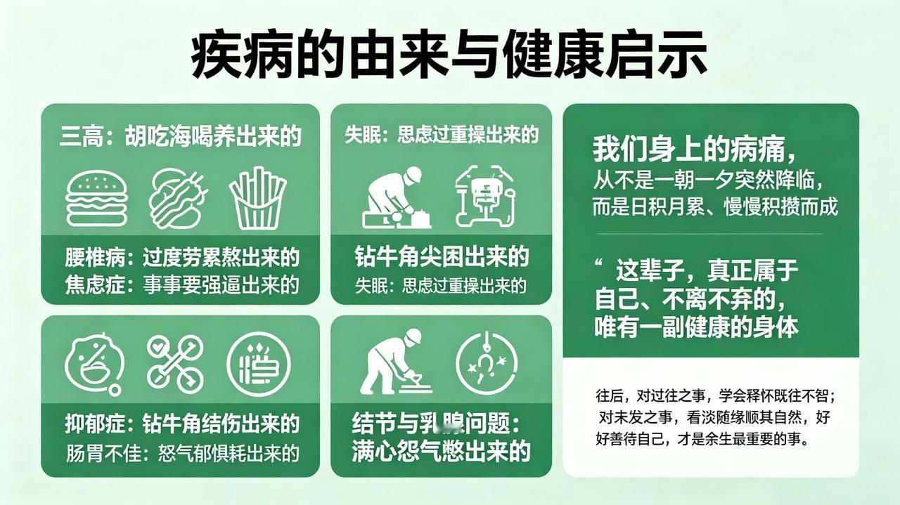 疾病的由来三高，是胡吃海喝养出来的；腰椎病，是过度劳累熬出来的；焦
