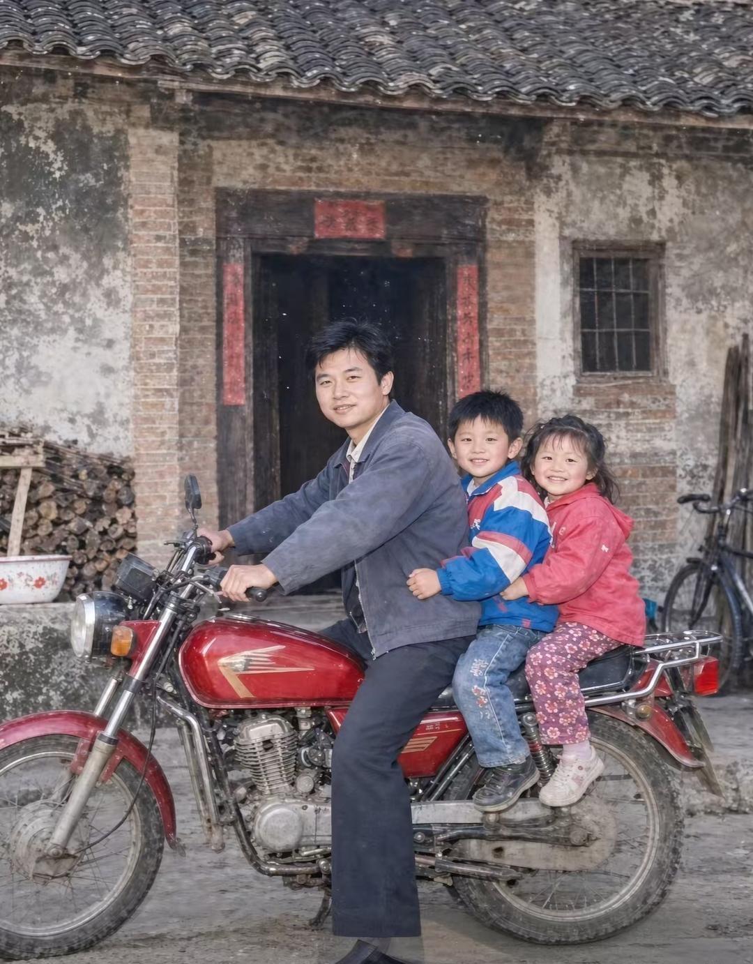 26年前与26年后，父亲与一双儿女在自家小院里的两张照片，两张照片的共同之处是父