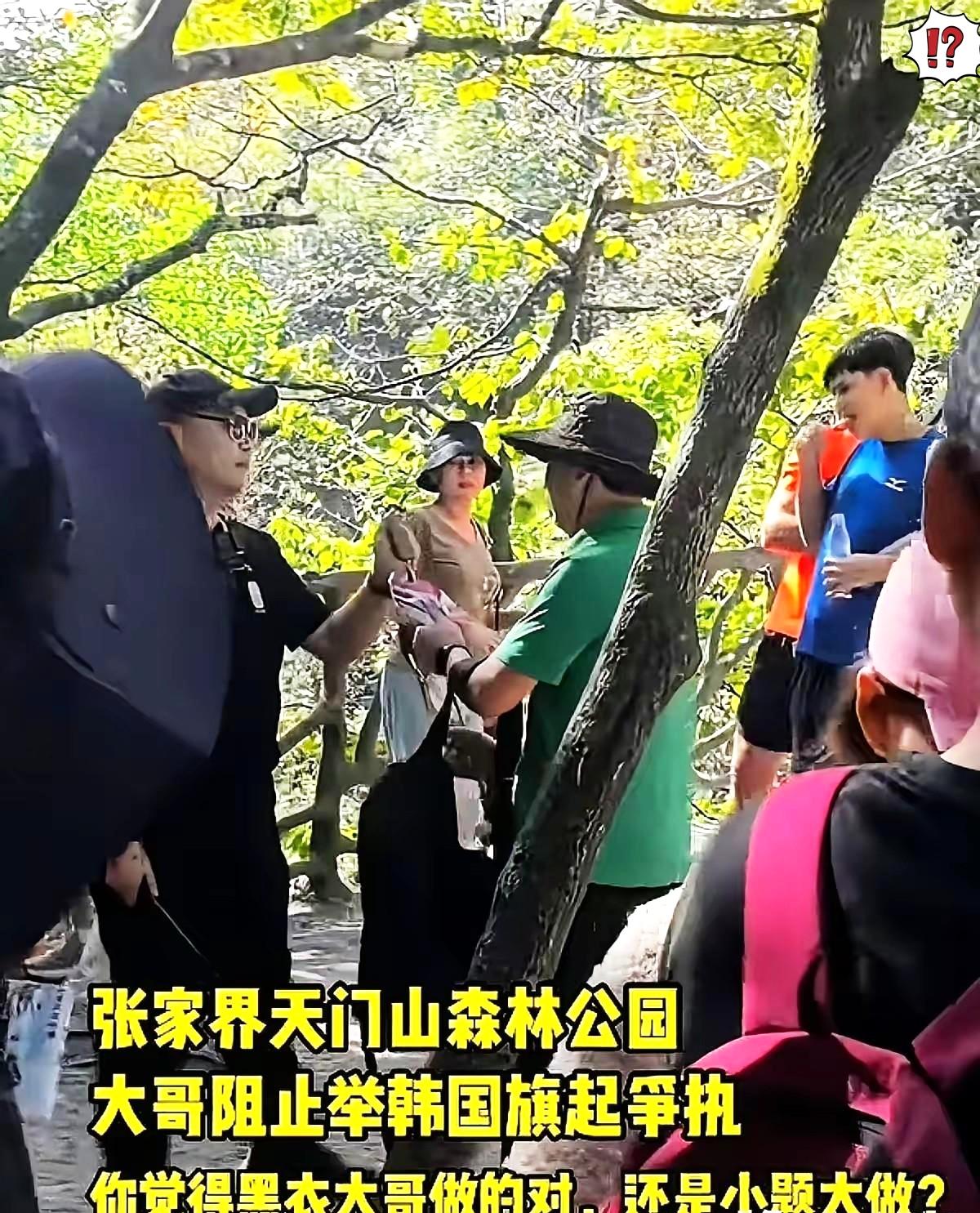 所谓的“爱国”表演说白了就是一场碰瓷的戏张家界景区里那位黑衣大哥抢的不是一